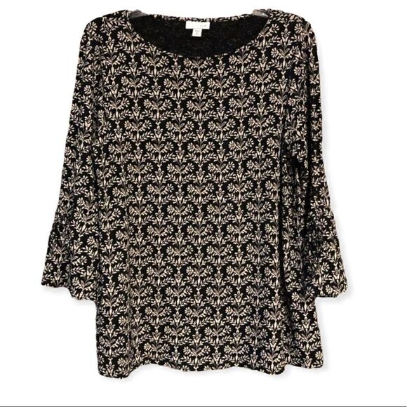 J. Jill Sz M Black Beige Floral Relaxed Fit Flared Sleeves Casual Workwear Top - Picture 1 of 7